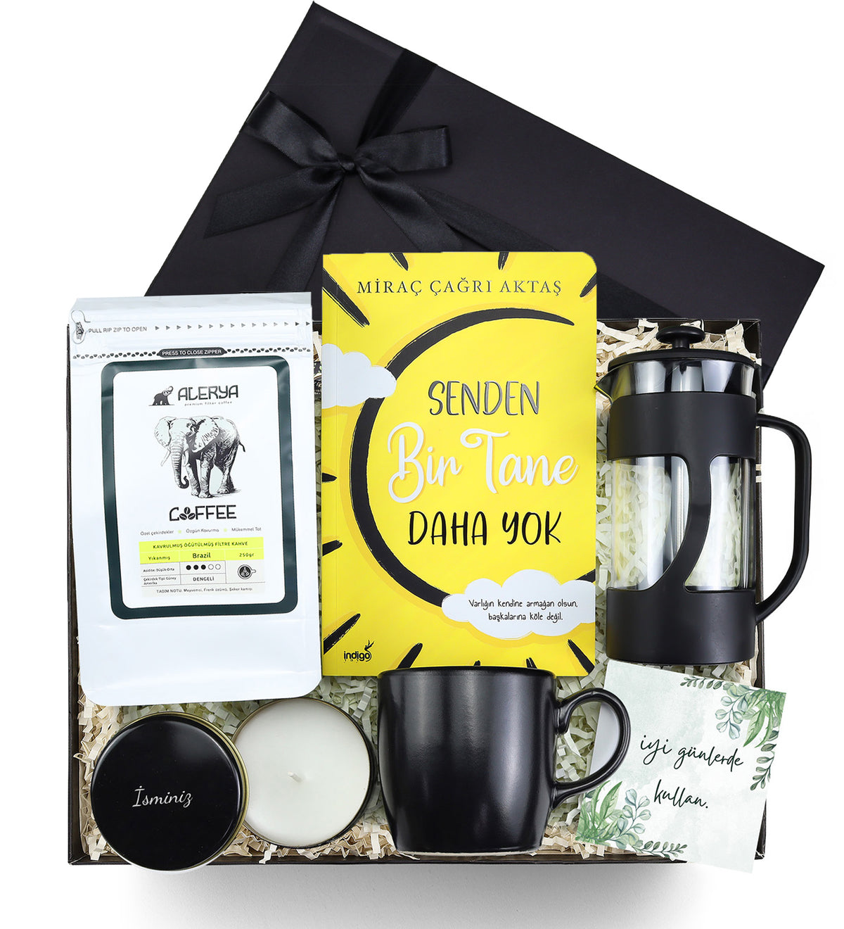 Senden Bir Tane Daha Yok Kitabı & Mum & Kupa & Filtre Kahve & French press Hediye Seti