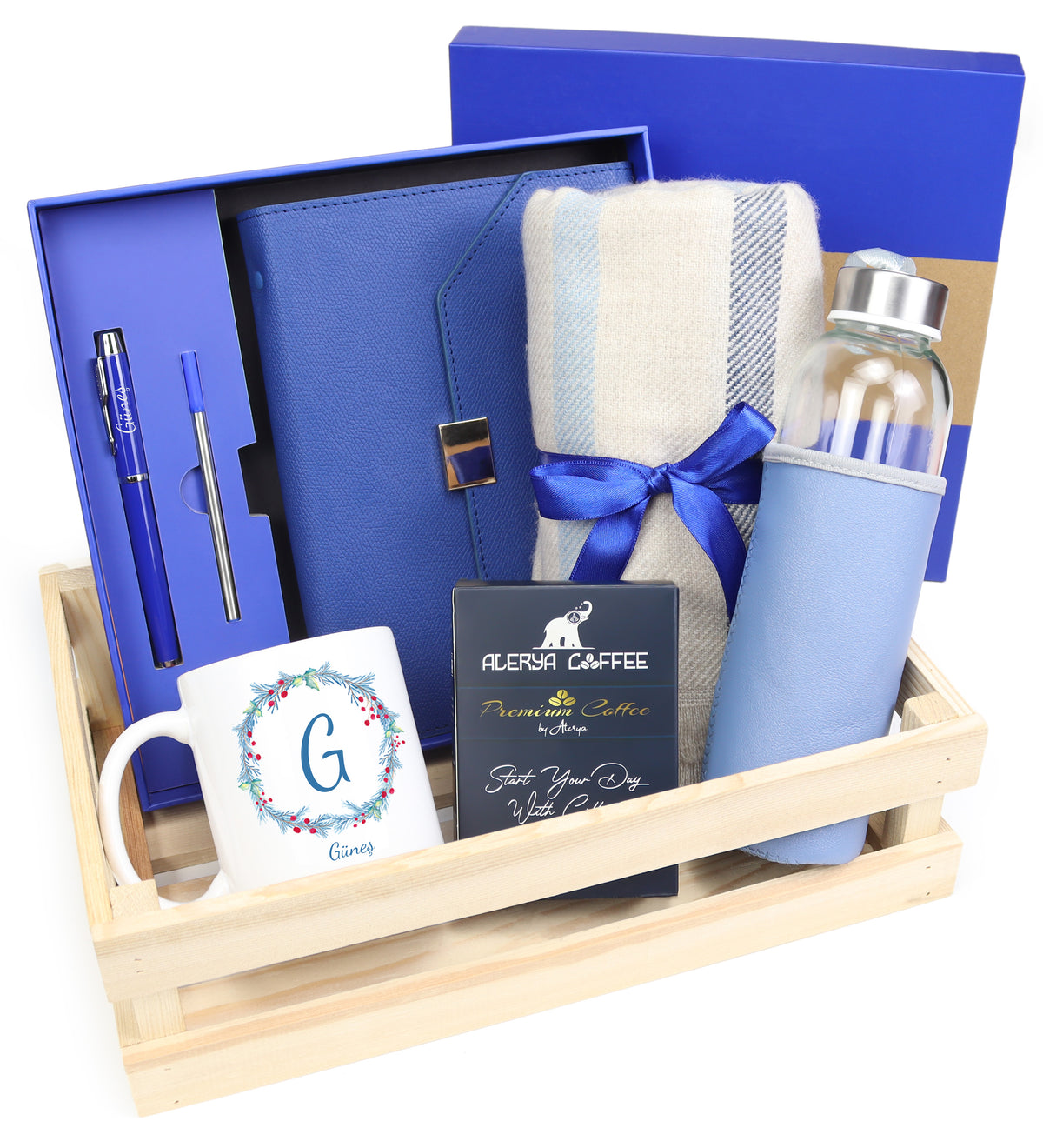 Ahşap Kasada Kutulu Defter Kalem Seti & Baskılı Kupa & Filtre Kahve & Kalın Şal & Su Matarası Hediye Seti