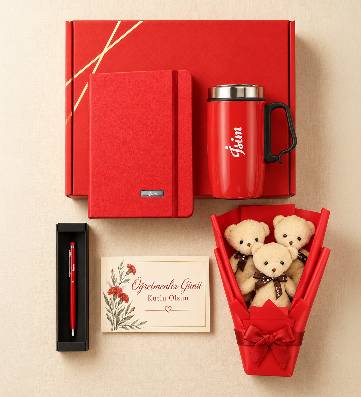 Kırmızı Defter & Kırmızı Touchpen & Kulplu Bardak Termos & 3'lü Ayıcık Buketi Hediye Seti