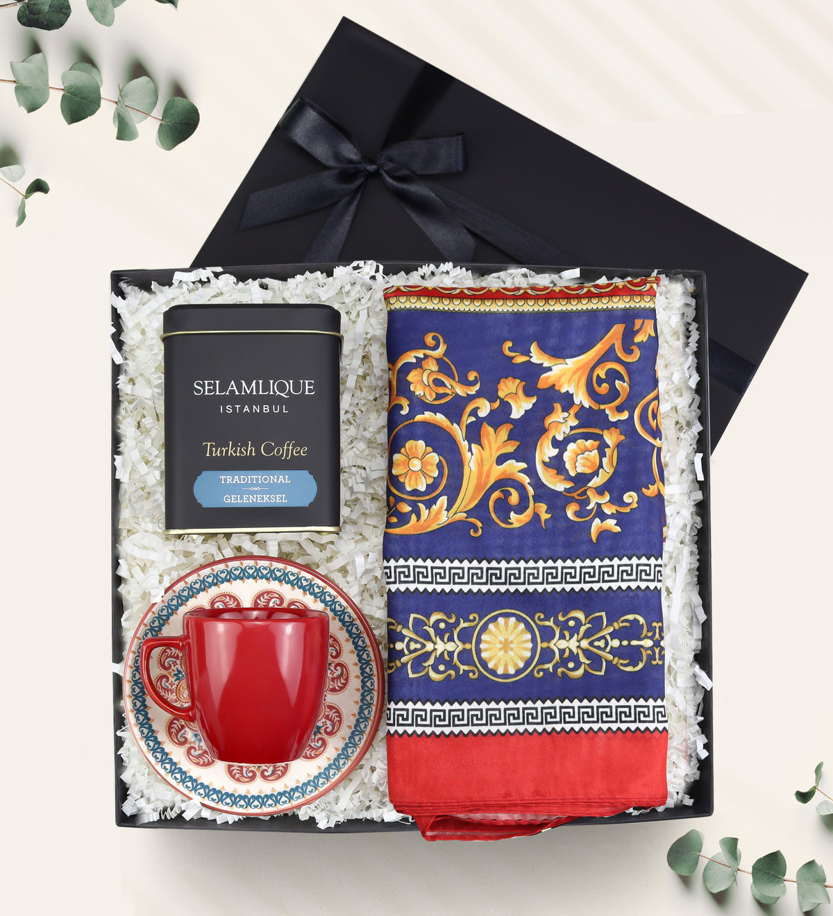 Selamlıque Türk Kahvesi & Fincan & Versace Model Saten Şal Hediye Seti