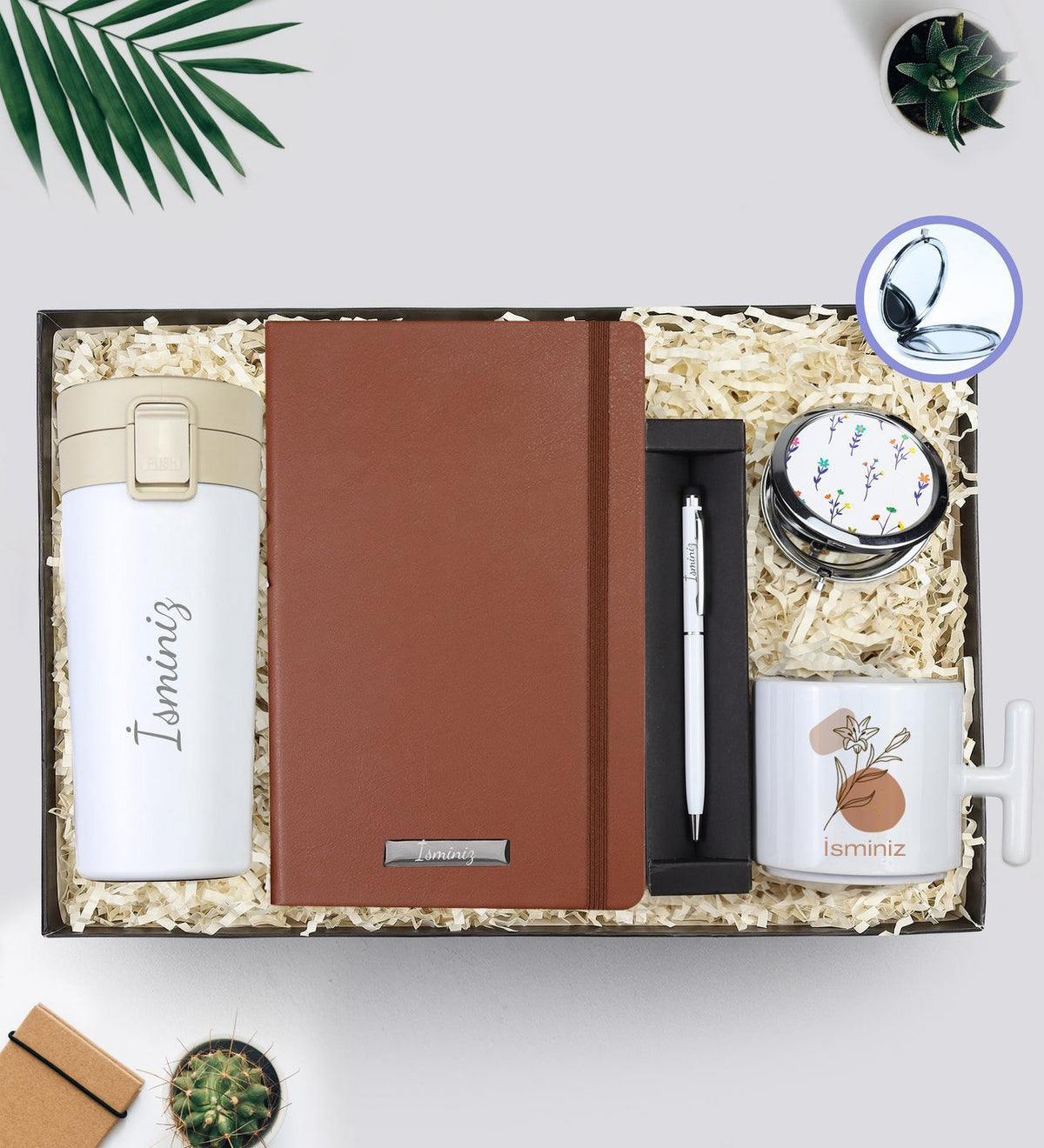 Kişiye Özel 350 ML Kilitli Çelik Termos & Defter & Beyaz Touch Pen & El Aynası & T Kupa Hediye Seti