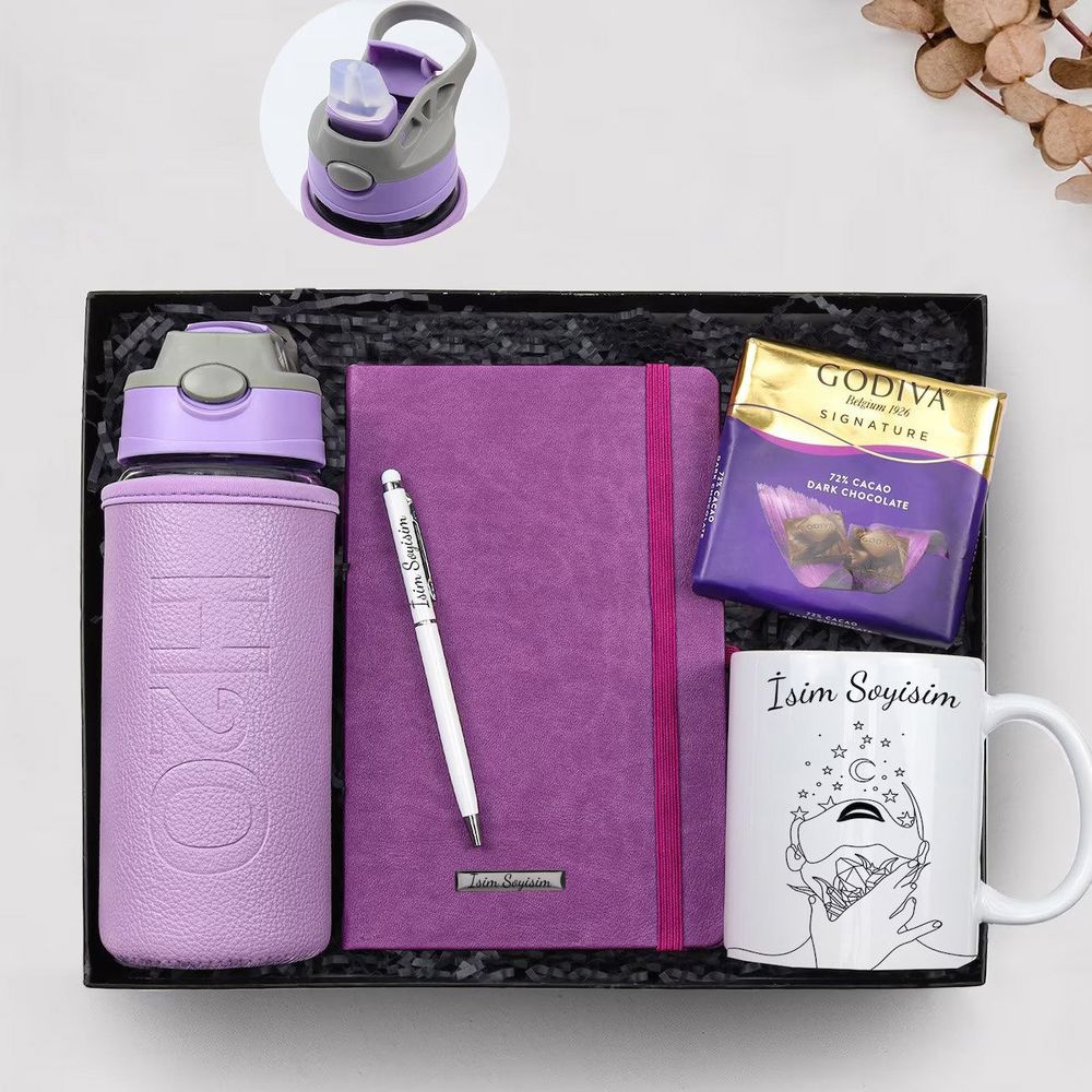 Baskılı Kupa & Defter & Cam Matara & Godiva Çikolata & Touch Pen Hediye Seti