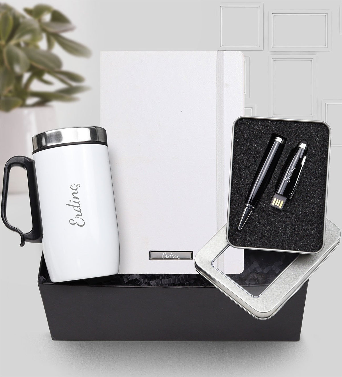 Kişiye Özel Defter & Usb Touchpen Kalem & İsme Özel Kulplu Çelik Termos Bardak Hediye Seti