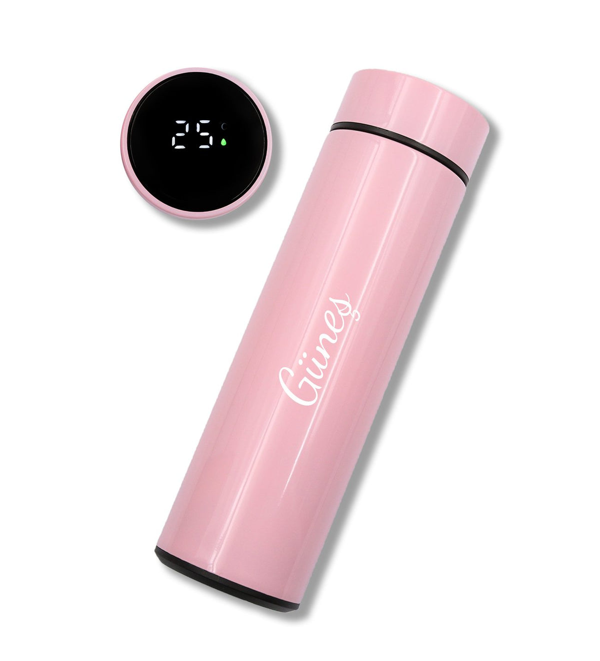 Kişiye Özel Dereceli Göstergeli 450ml Pembe Çelik Termos & Beyaz Ahşap Çerçeve & Pembe Atlı Karınca Müzik Kutusu Hediye Seti