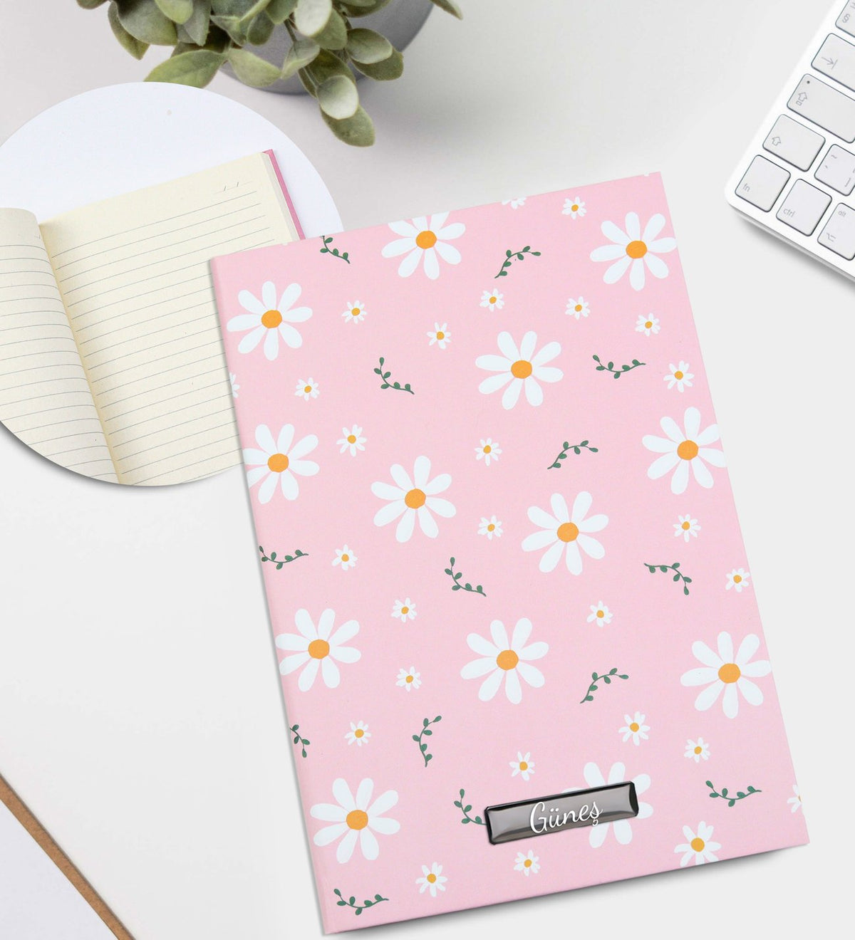 Tasarım Defter & Tükenmez Kalem & Cam Matara & Pembe Kupa & Çerçeve Hediye Seti