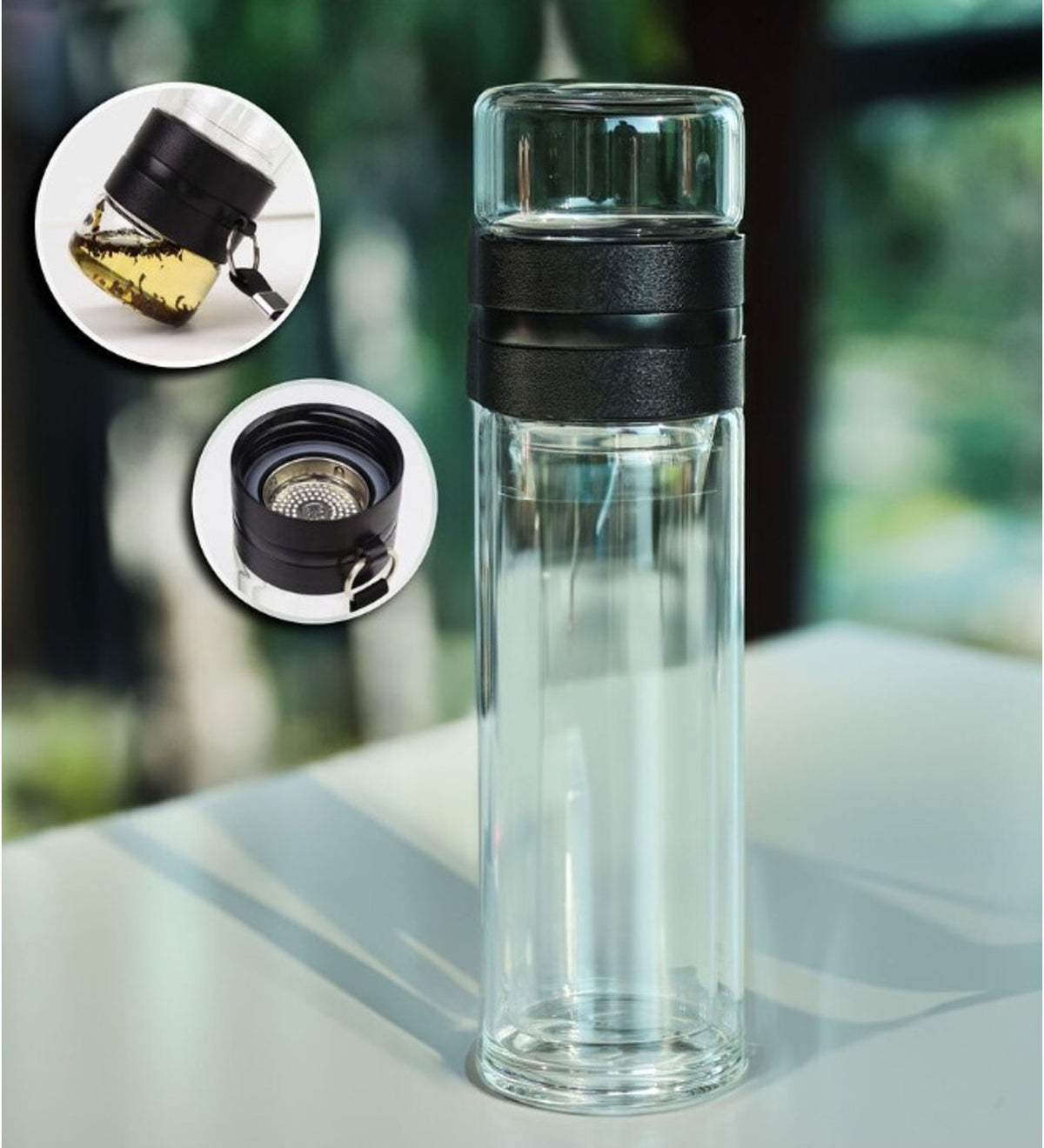 Kişiye Özel Siyah Metal Kutulu Mum & Borosilikat Çift Cidarlı 300ml Cam Demlik Matara & Turunç Bahçesi Bitki Çayı & Beyaz-Mavi Vintage Porselen Kupa