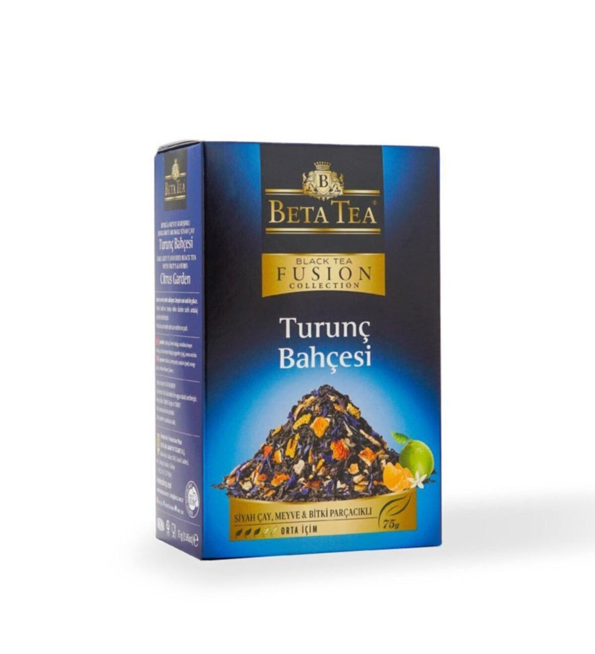 Kişiye Özel Siyah Metal Kutulu Mum & Borosilikat Çift Cidarlı 300ml Cam Demlik Matara & Turunç Bahçesi Bitki Çayı & Beyaz-Mavi Vintage Porselen Kupa