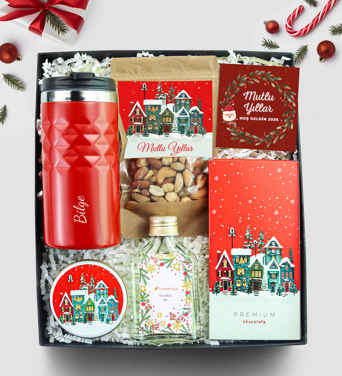 Kristal Termos & Yılbaşı Çerez & Premium Çikolata & Mum & Kolonya Hediye Seti