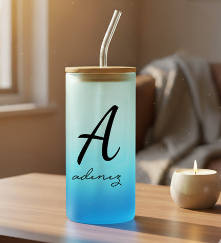 Mavi Kişiye Özel Pipetli Buzlu Cam Bardak