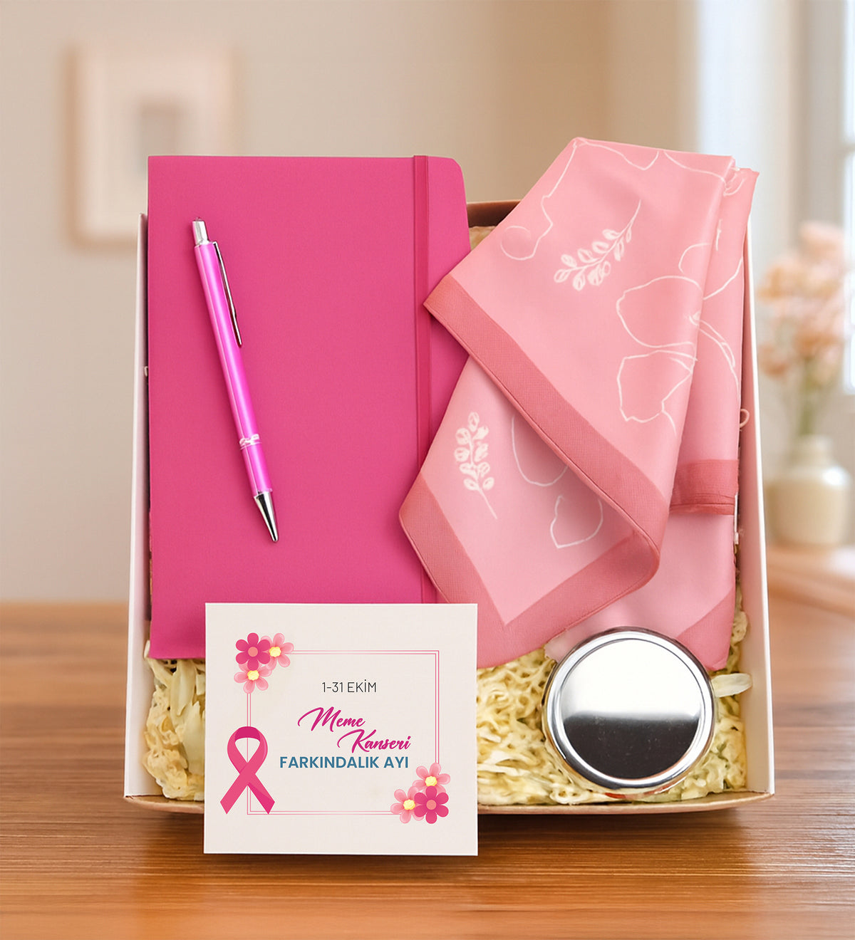 Çiçekli Fular & Pembe Defter & El Aynası & Kalem Hediye Seti