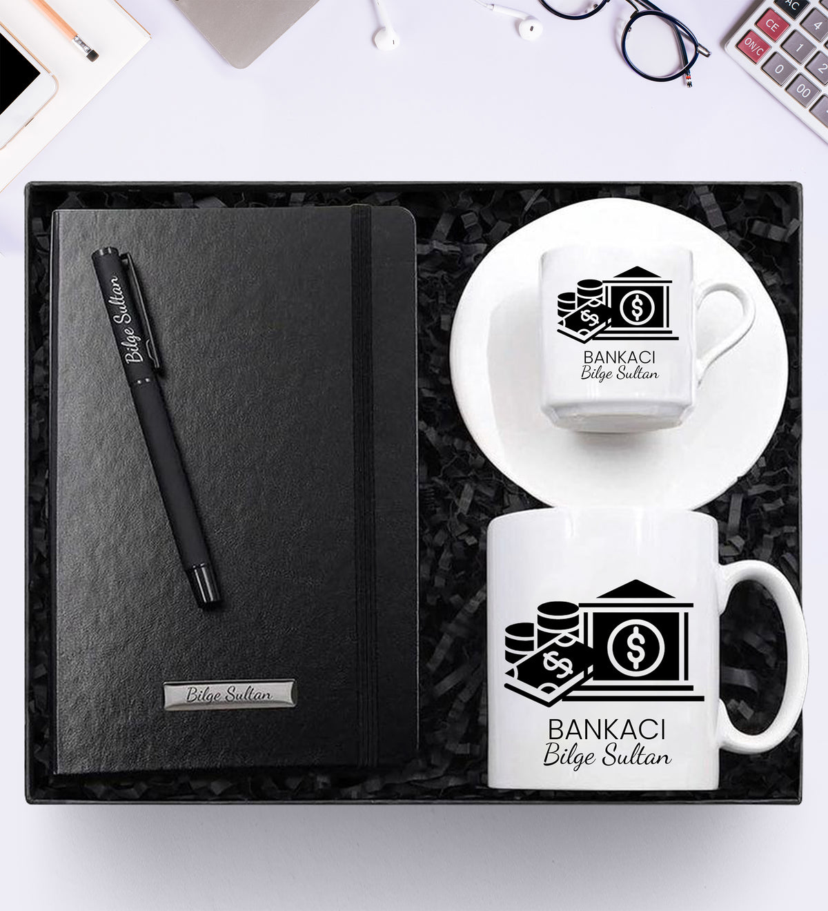 Kişiye Özel Harf Tasarımlı Kupa & Harf Tasarımlı Fincan & Siyah Defter & Siyah Mat Renk Roller Kalem Hediye Seti
