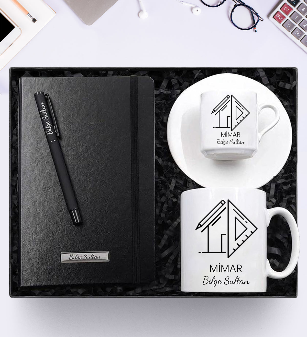 Kişiye Özel Harf Tasarımlı Kupa & Harf Tasarımlı Fincan & Siyah Defter & Siyah Mat Renk Roller Kalem Hediye Seti