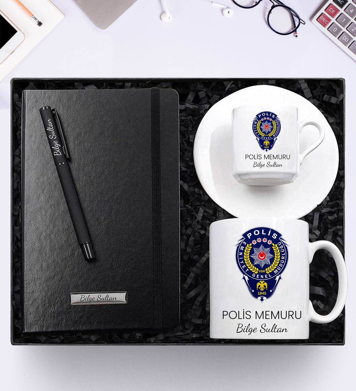 Kişiye Özel Harf Tasarımlı Kupa & Harf Tasarımlı Fincan & Siyah Defter & Siyah Mat Renk Roller Kalem Hediye Seti