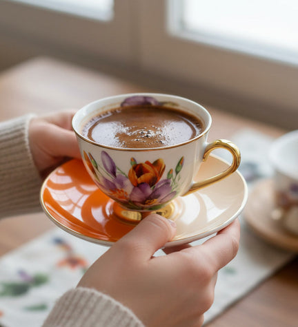 Mor Turuncu Çiçekli Porselen Kahve Fincanı