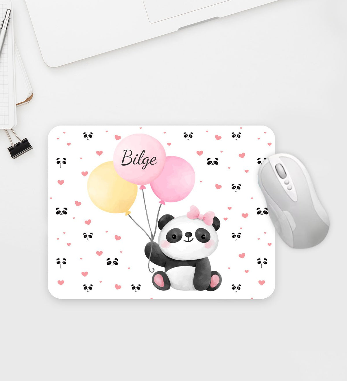 Kişiye Özel Mouse Pad & Panda Tasarımlı Kupa & Panda Kar Küresi & Beyaz İnstagram Çerçeve & Haftalık Planner Hediye Seti