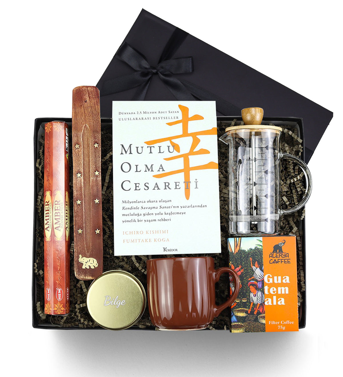 Mutlu Olma Cesareti Kitabı & Kupa & Filtre Kahve & Cam French Press & Çubuk Tütsü Hediye Seti