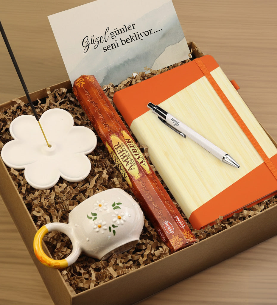 Defter & Kalem & Tütsü & Kupa & Papatya Tütsülük Hediye Seti