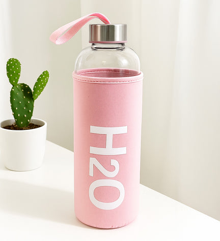 Pembe Bez Kılıflı 1000 ml Cam Matara