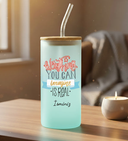 Beyaz Kişiye Özel Pipetli Buzlu Cam Bardak