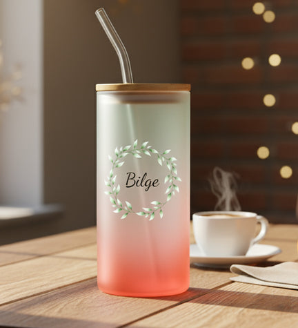 Çelenk Baskılı Pipetli Buzlu Cam Bardak