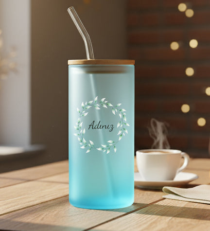 Çelenk Baskılı Pipetli Buzlu Cam Bardak