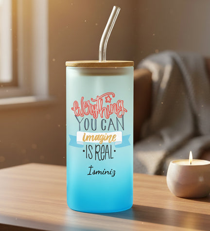 Mavi Kişiye Özel Pipetli Buzlu Cam Bardak