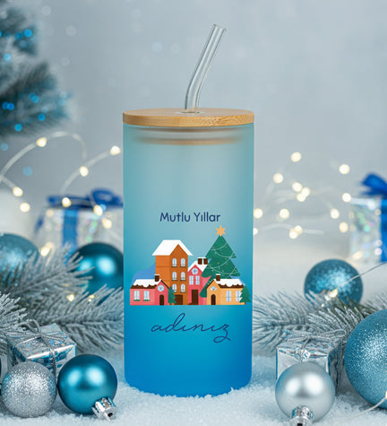 Yılbaşı Temalı Cam Pipetli Bardak