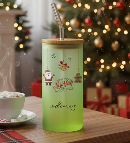 Noel Baba Baskılı Cam Pipetli Bardak