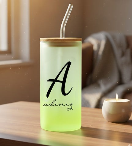 Sarı Kişiye Özel Pipetli Buzlu Cam Bardak