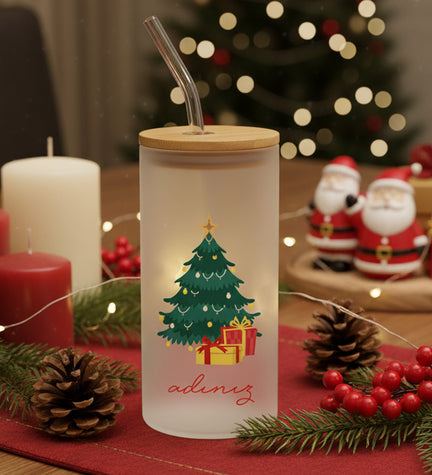 Çam Ağacı Baskılı Pipetli Cam Bardak