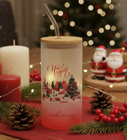 New Year Baskılı Cam Pipetli Bardak