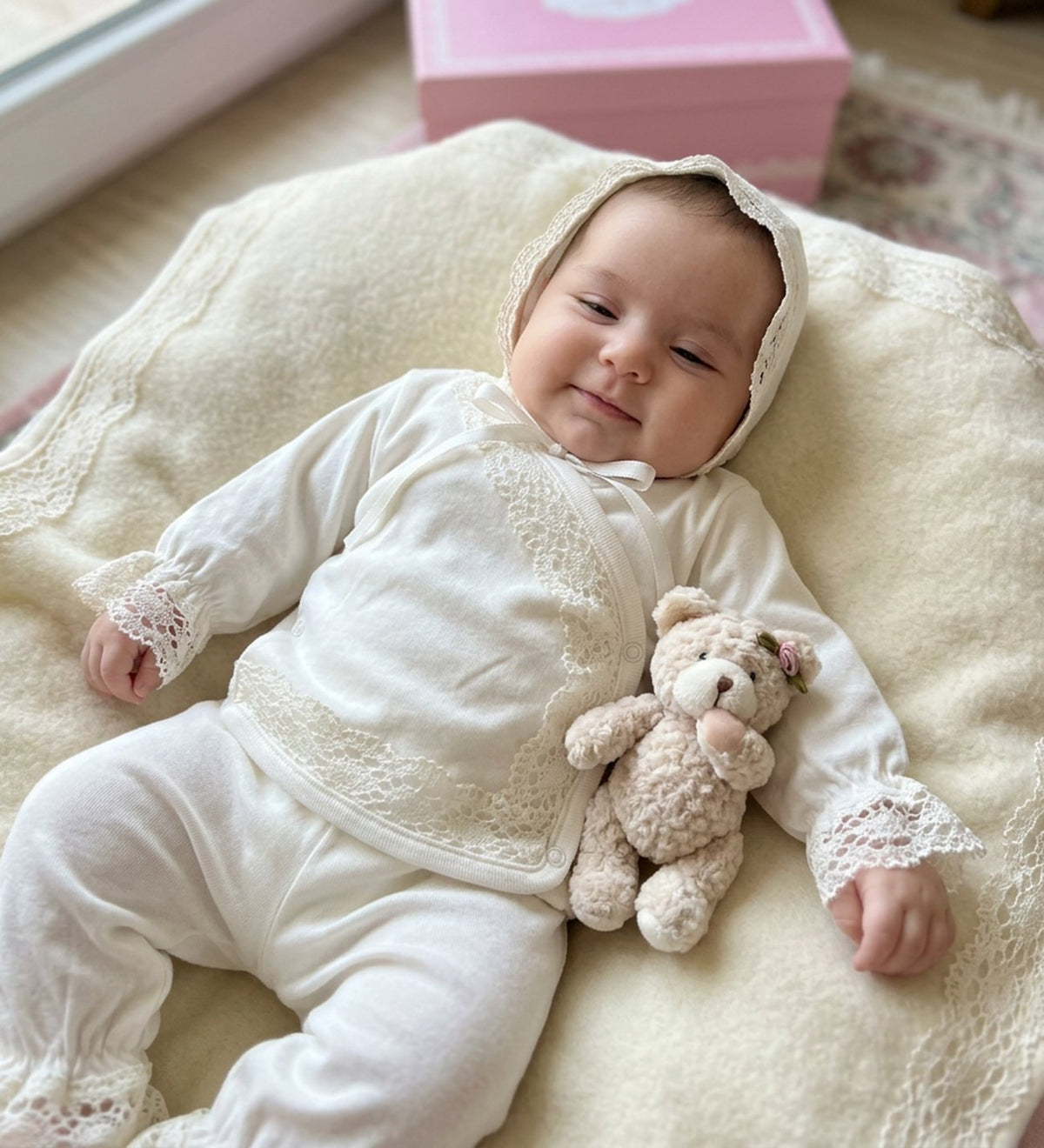 Premium Kişiye Özel İsimli Hediye Kutusunda Dantelli Yenidoğan Kız Bebek 10'lu Tekstil Hediye Seti - Amigurumi Ayıcık Hediyeli
