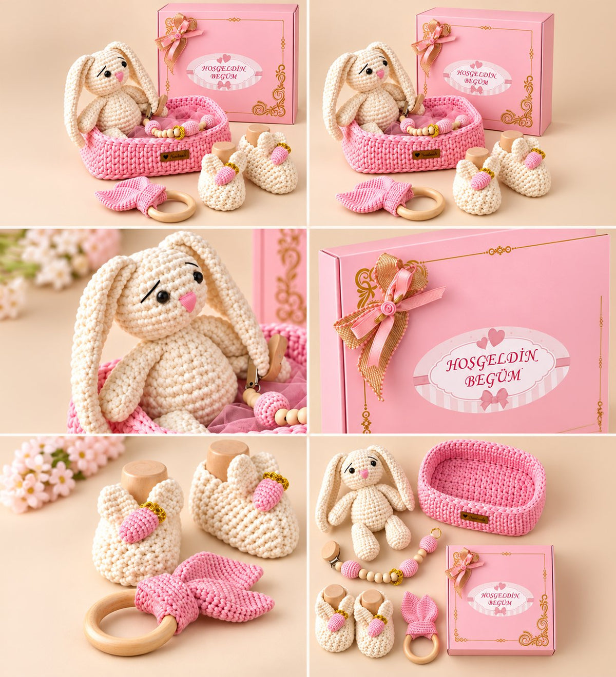 Premium Kişiye Özel İsimli Hediye Kutusunda El Emeği Örgü Sepette Sevimli Tavşan Temalı Tulum ve Amigurumi Ürünlerden Oluşan Yenidoğan Kız Bebek Hediye Seti
