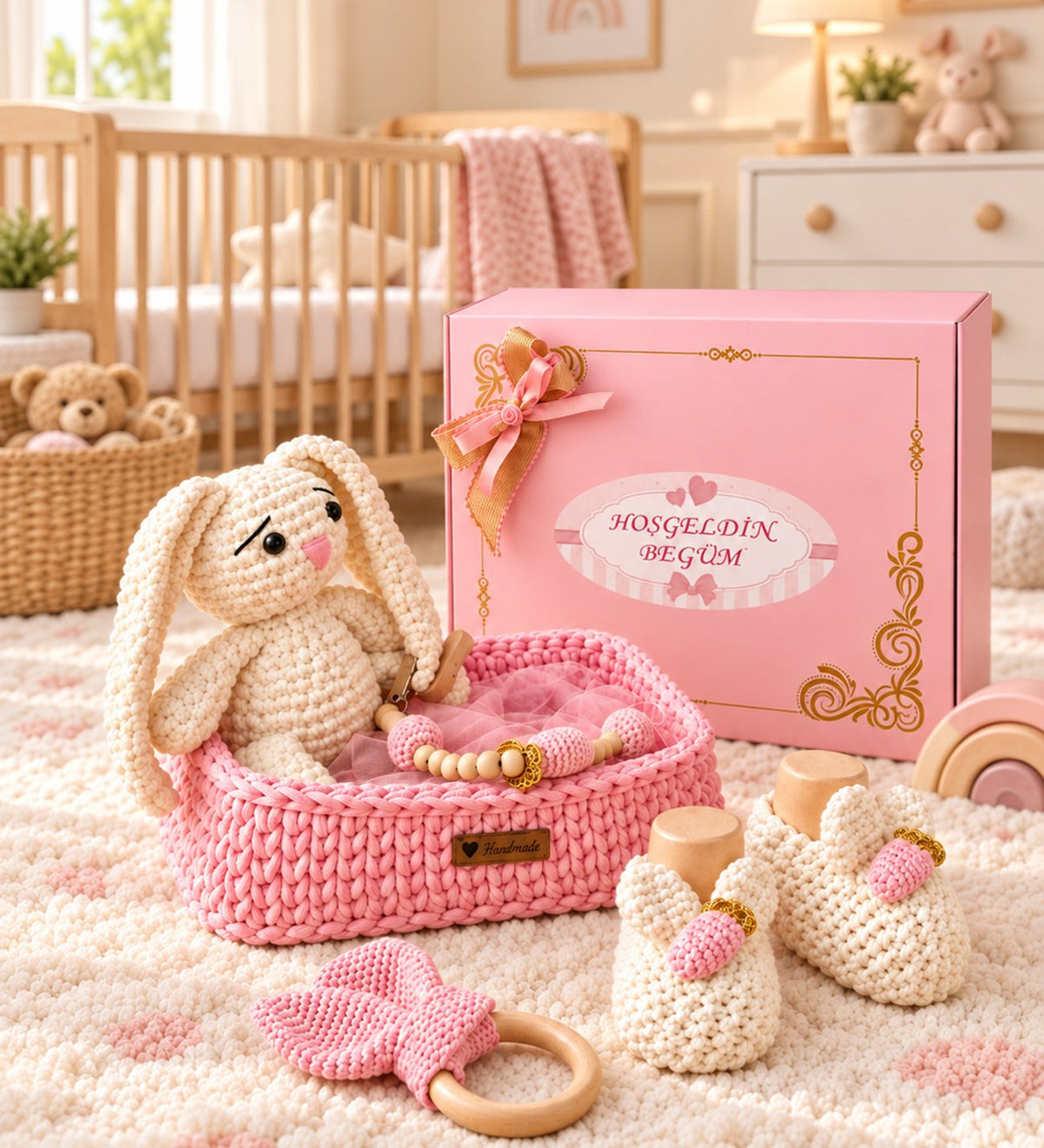 Premium Kişiye Özel İsimli Hediye Kutusunda El Emeği Örgü Sepette Sevimli Tavşan Temalı Tulum ve Amigurumi Ürünlerden Oluşan Yenidoğan Kız Bebek Hediye Seti