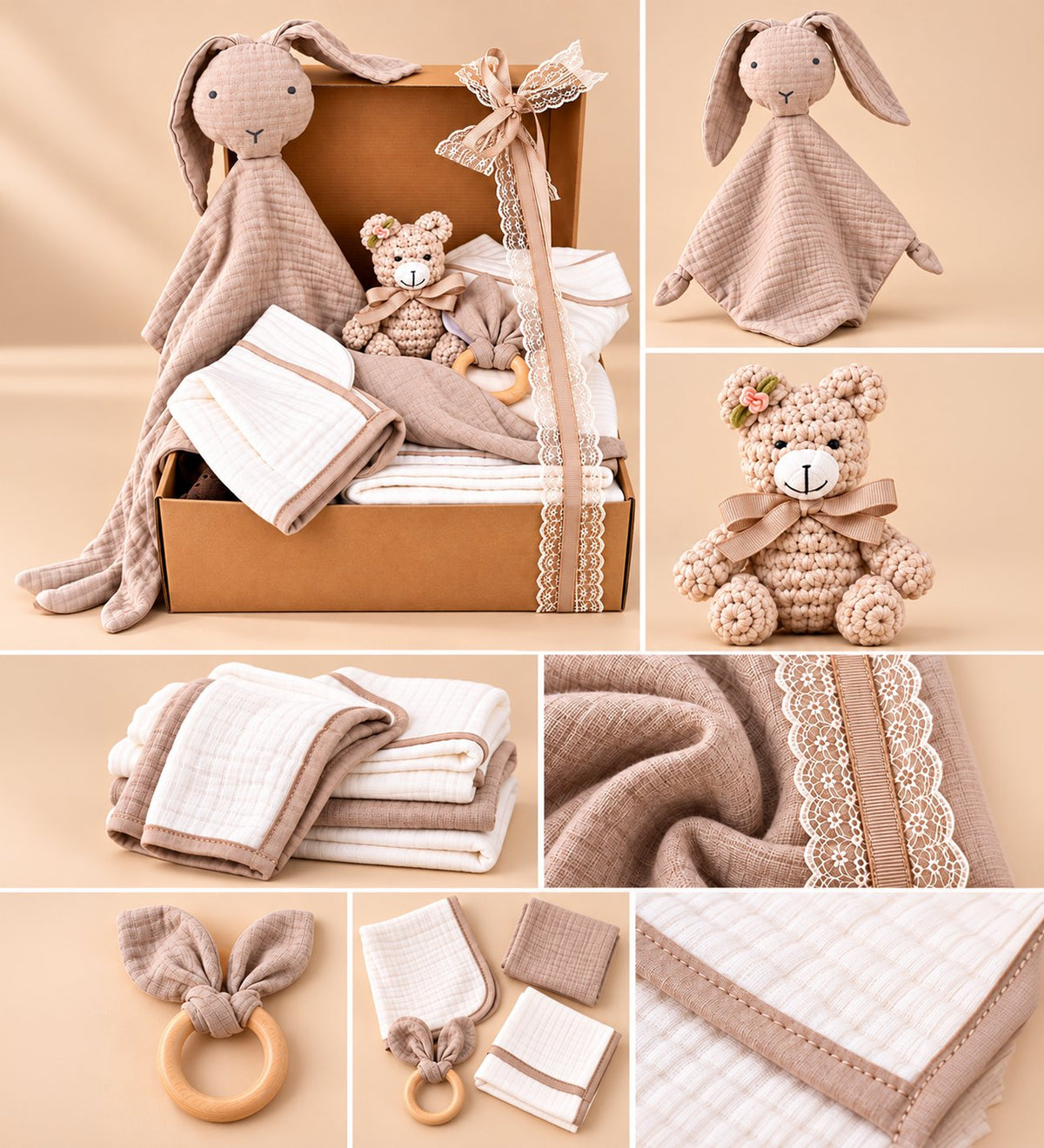 Premium Kişiye Özel İsimli Hediye Kutusunda Sevimli Tavşan Uyku Arkadaşlı Yenidoğan Kız-Erkek Bebek Tekstil Hediye Seti -Amigurumi Ayıcık Hediyeli