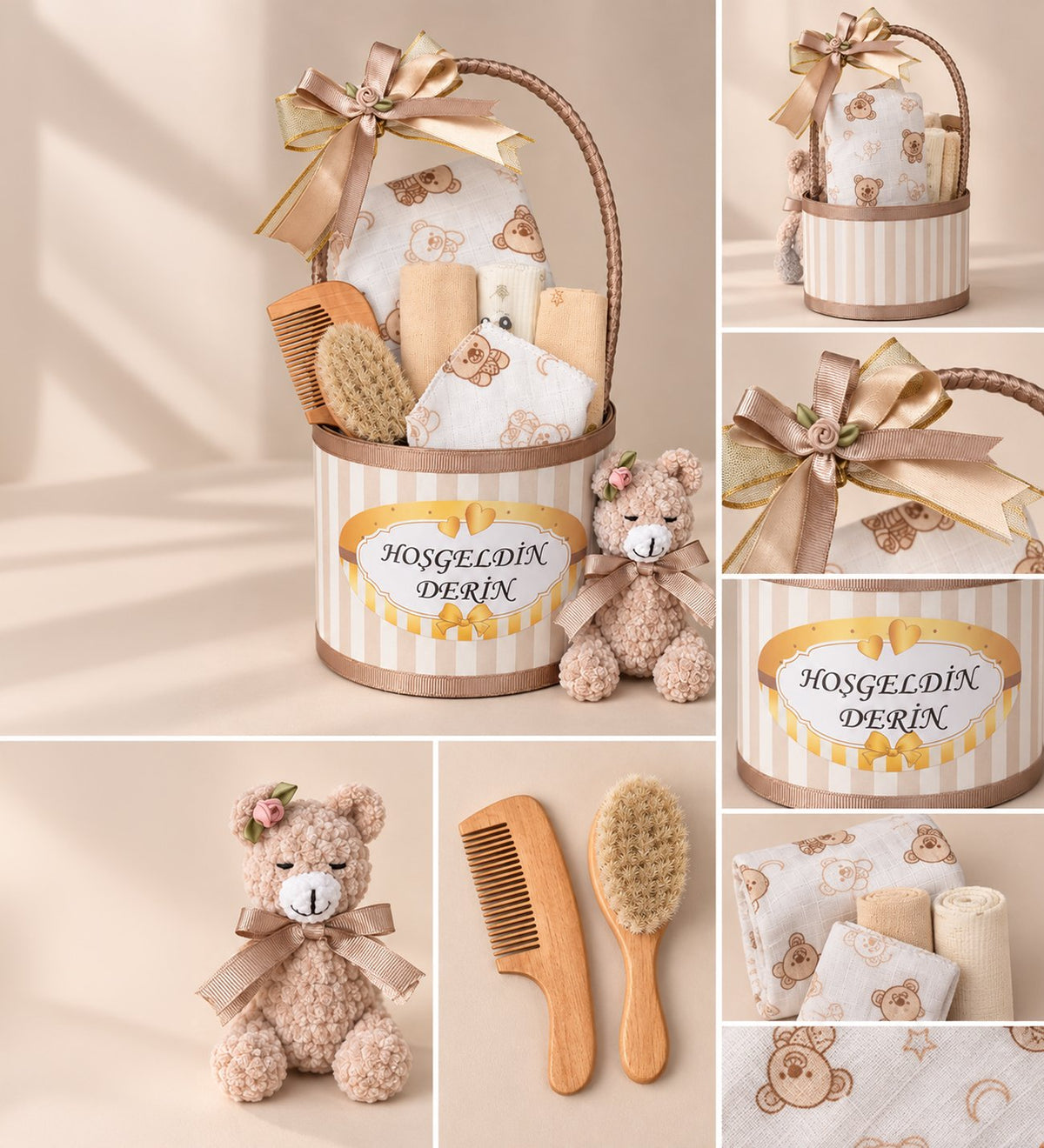 Premium Kişiye Özel İsimli Silindir Hediye Kutusunda Amigurumi Ayıcık Temalı Müslin Örtülü ve Ahşap Tarak-Fırçalı Patikli Hoş Geldin Kız-Erkek Bebek Hediye Seti