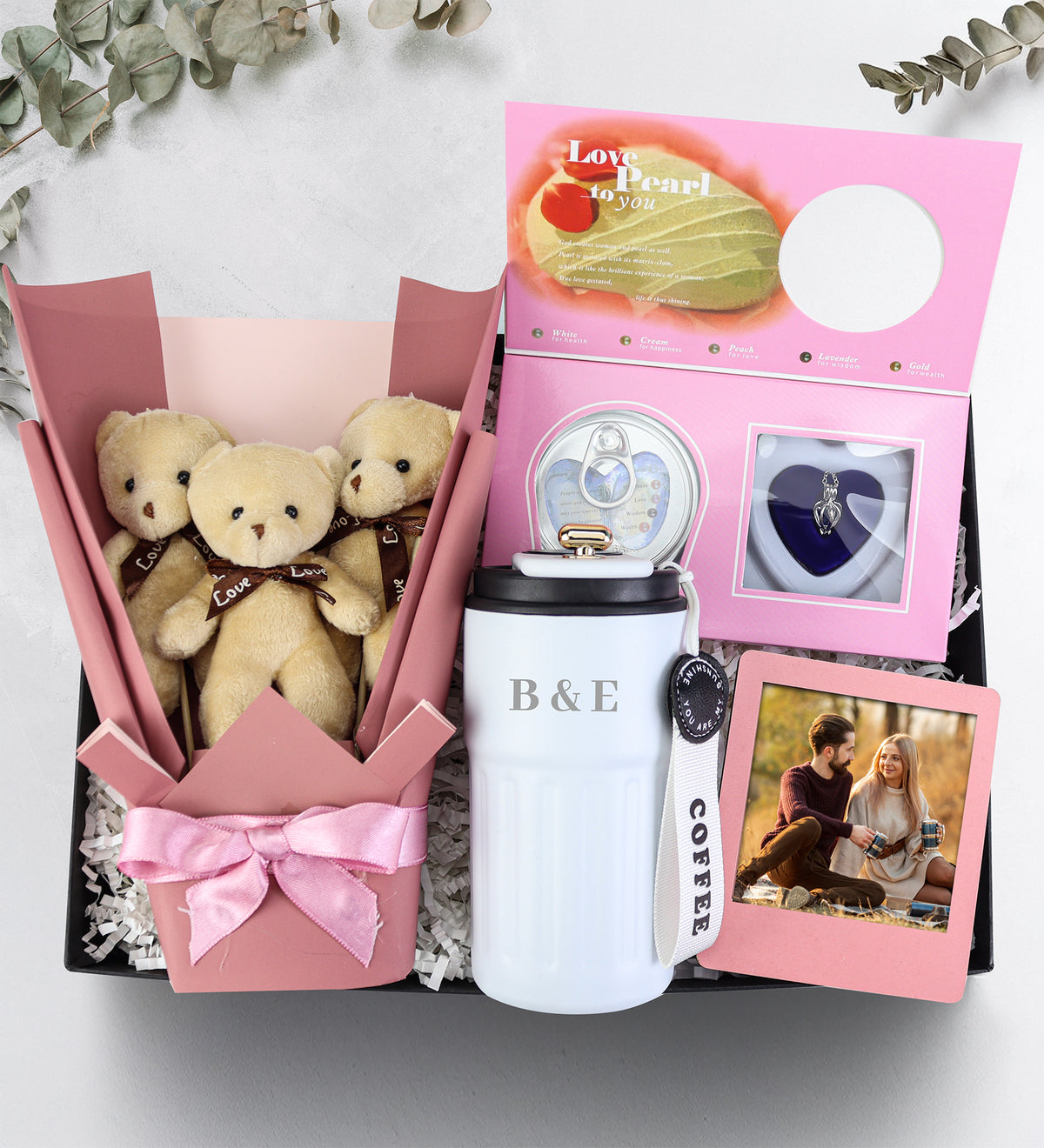 Ayıcık Buketi & Termos & Çerçeve & Kolye Sevgiliye Hediye Seti