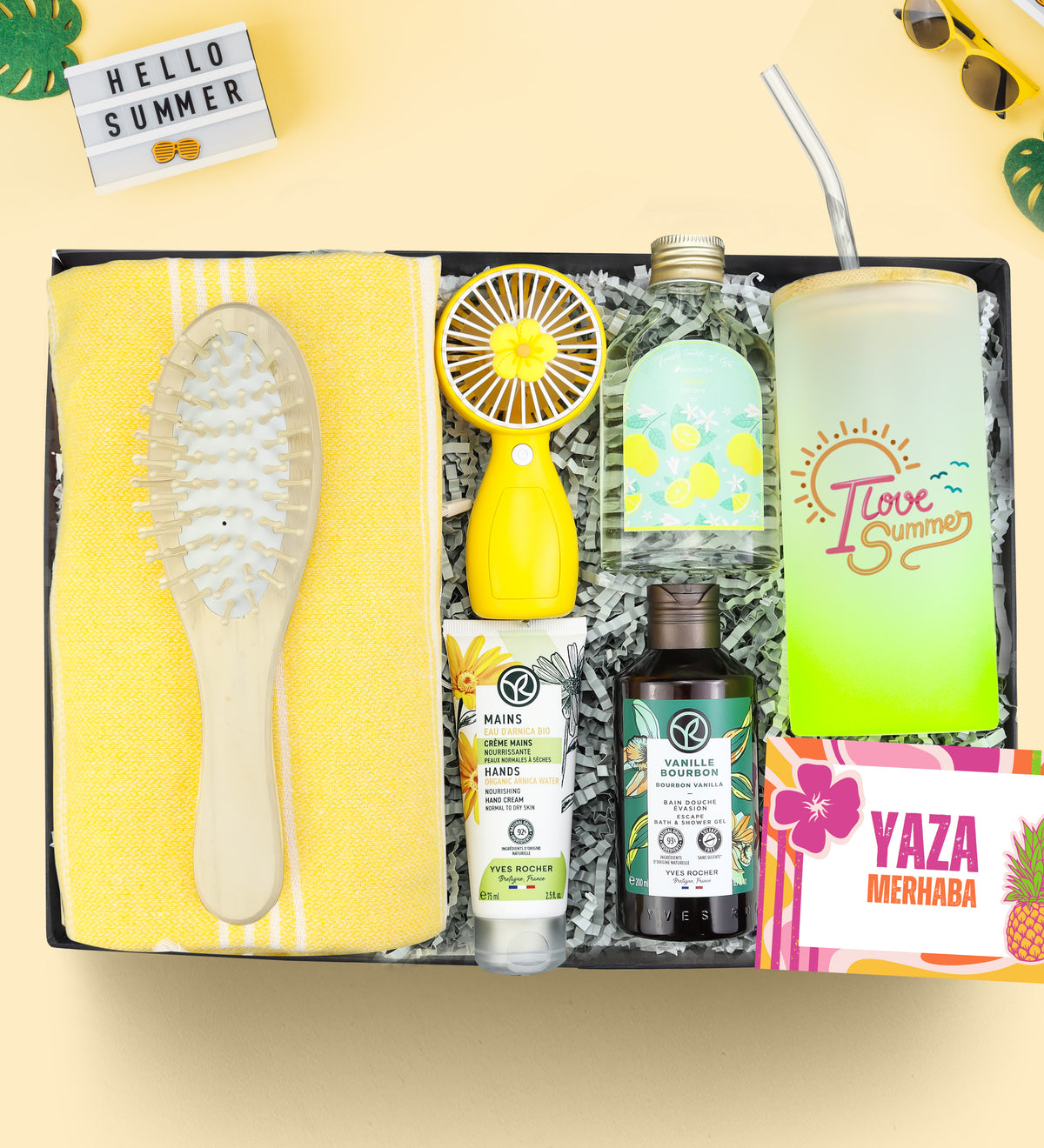 Kişiye Özel Pipetli Buzlu Cam Bardak & Peştemal & Ahşap Tarak & Kolonya 100ml & Yves Rocher Duş Jeli & Bakım Kremi & Pipetli Buzlu Cam Bardak Yaza Merhaba Hediye Seti