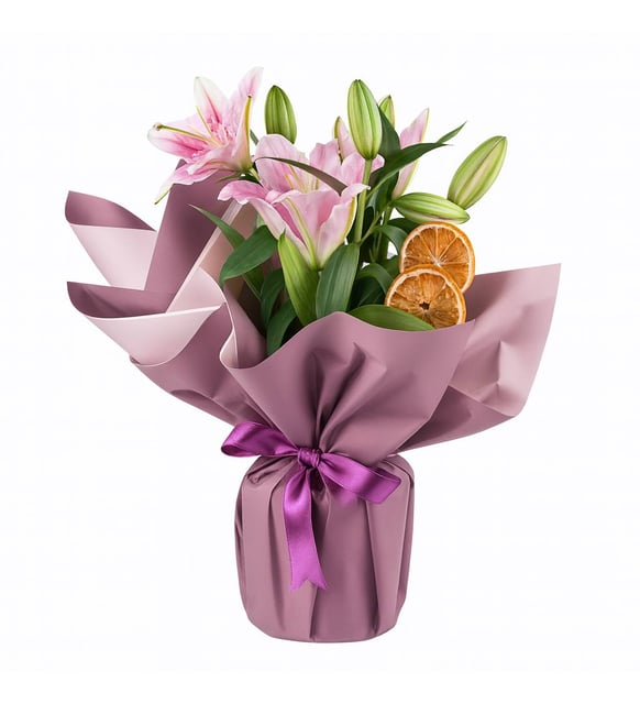 Buket Kağıtlı Saksı Pembe Lilyum