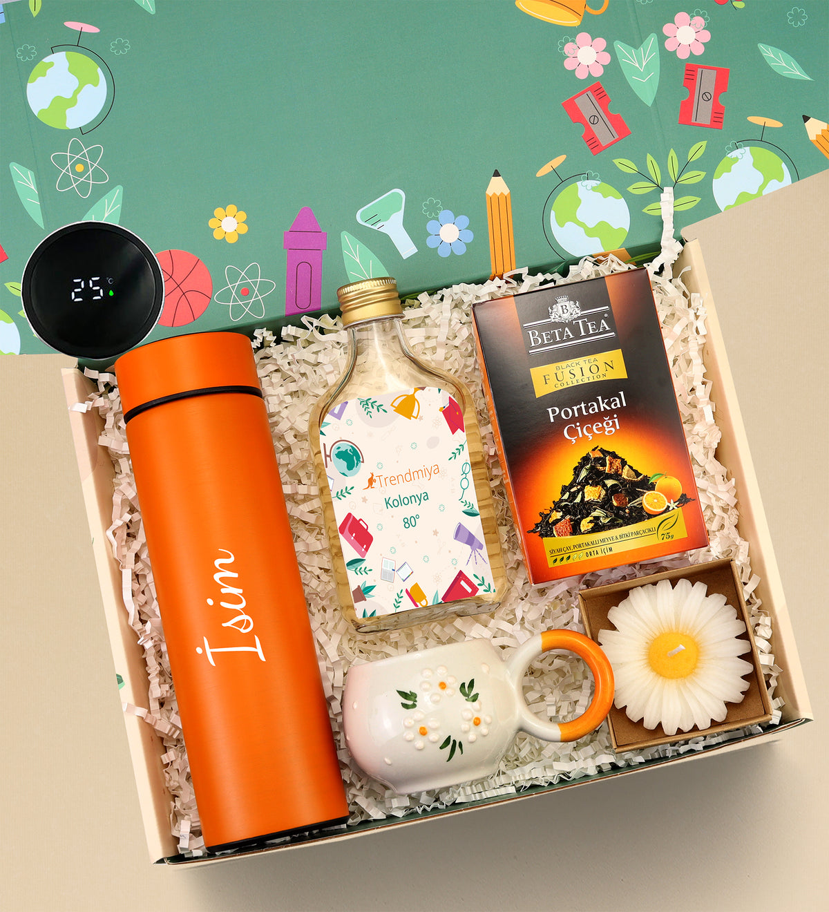 Dereceli Turuncu Termos & Kolonya & Beta Tea & Kupa & Mum Hediye Seti