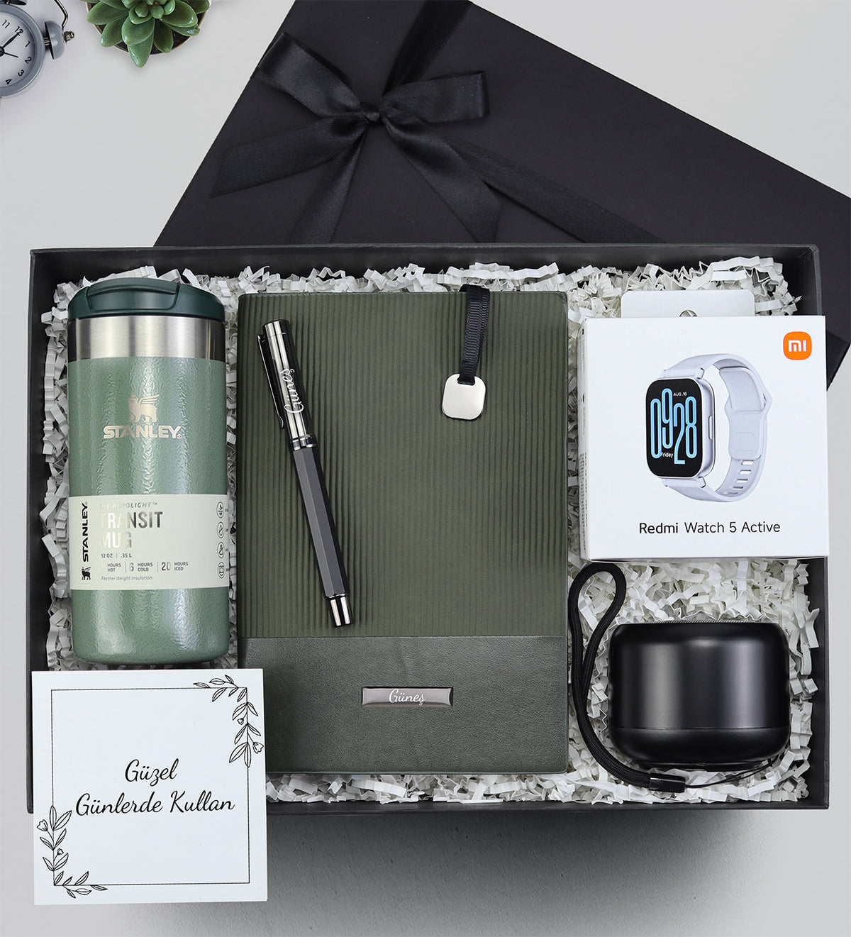 Stanley Termos Bardak 0.35 Lt & Esnek Kapaklı Defter & Kalem & Xiaomi Redmi Watch 5 Active Akıllı Saat & Hoparlör Hediye Seti