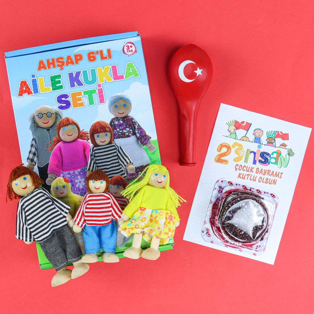 23 Nisan Kartında Eti Puf & Türk Bayraklı Balon & Ahşap 6'lı Aile Kukla Seti Hediye Seti