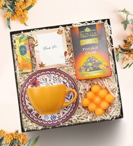 Turuncu Fincan & Turuncu Bubble Mum & Beta Tea Portakal Çiçeği Bitki Çayı & Eyüp Sabri Tuncer Mini Kolonya Hediye Seti #1
