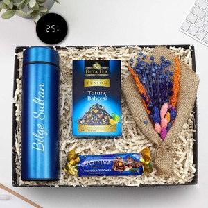 Kişiye Özel 500 ML Mavi Renk Dereceli Termos & Beta Tea Turunç Bahçesi Bitki Çayı & Godiva 30gr Domes Çikolata & Kurutulmuş Çiçe #1