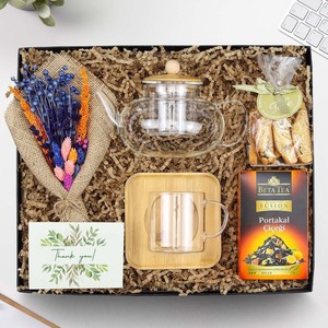 600 Ml Borosilikat Cam Demlik & Cam Fincan & Beta Tea Portakal Çiçeği Bitki Çayı & Bademli Kurabiye & Kurutulmuş Çiçek Buketi He #1