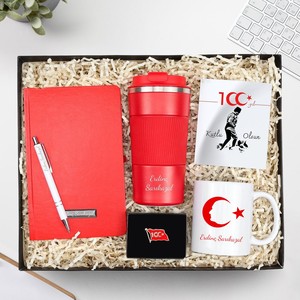 Kişiye Özel Atatürk İmzalı 500 Ml Kırmızı Çelik Termos & Kırmızı Defter & Gümüş Renk Detaylı Beyaz Tükenmez Kalem & 100. Yıl Bas #1