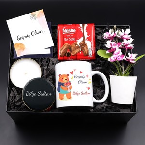 Kişiye Özel Geçmiş Olsun Kupa & Siyah Metal Kutulu Mum & Yapay Orkide Çiçek & Sütlü Çikolata Hediye Seti #1